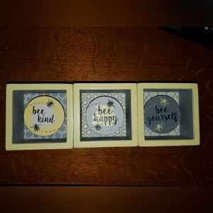 Three Girls and A Wish Wood Blocks That Say, Bee Kind, Be Happy, Be Yourself.